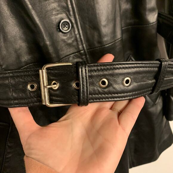 Genuine Leather Trench Belted Jacket Blazer Coat Black Longline Moto Buckle - Picture 7 of 12